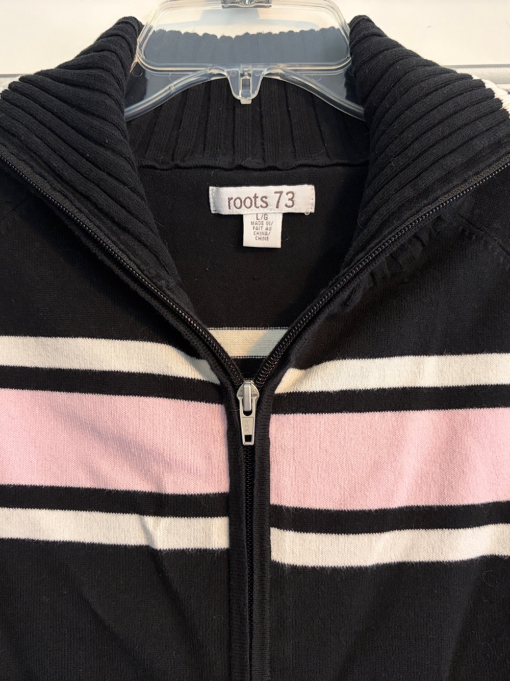 Roots Black Zip Cardigan with Pink & White Stripes